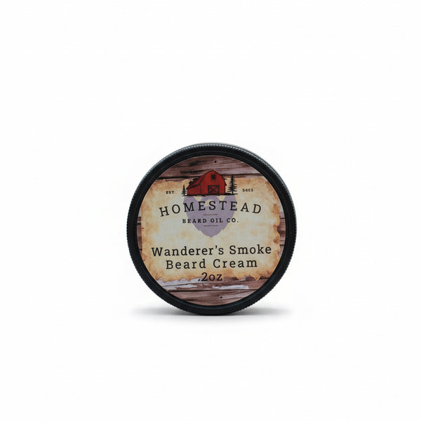 Beard cream container with 'Homestead Beard Oil Co.' label on grass