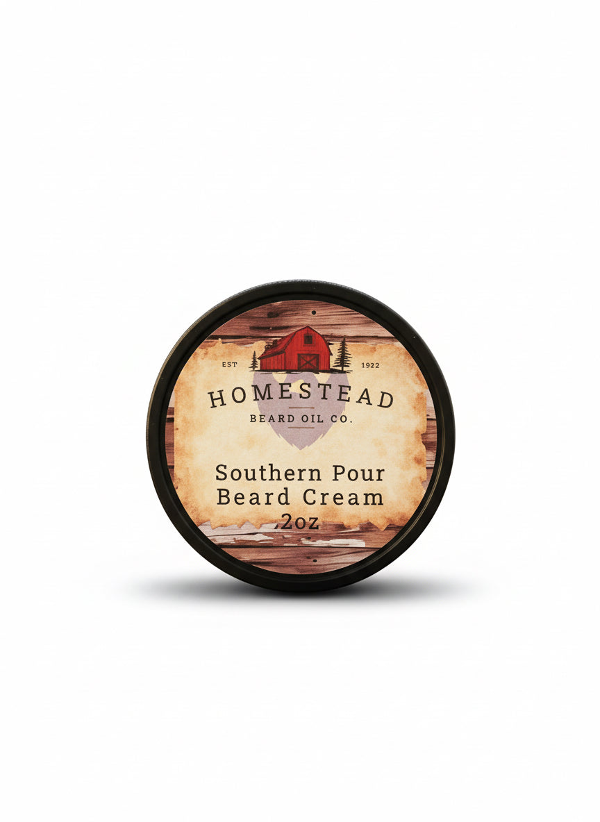 Homestead Beard Oil Co. Southern Pour Beard Cream container on a straw background with a blurred natural landscape.