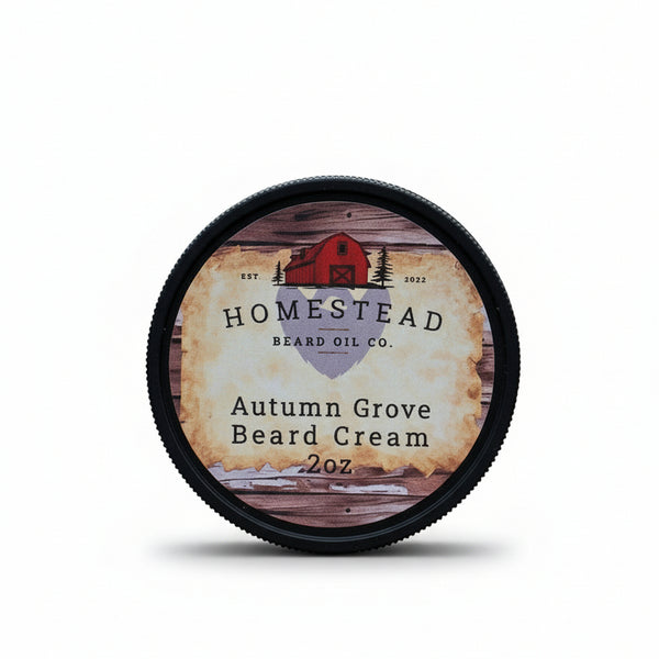 Homestead Beard Oil Co. Autumn Grove Beard Cream container on a grassy background