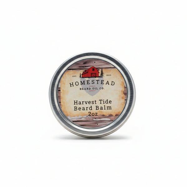 Jar of Homestead Harvest Tide Beard Balm on a wooden post with natural background