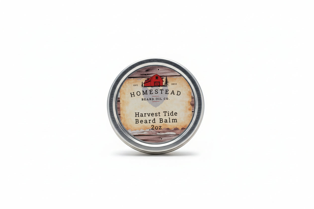 Jar of Homestead Harvest Tide Beard Balm on a wooden post with natural background