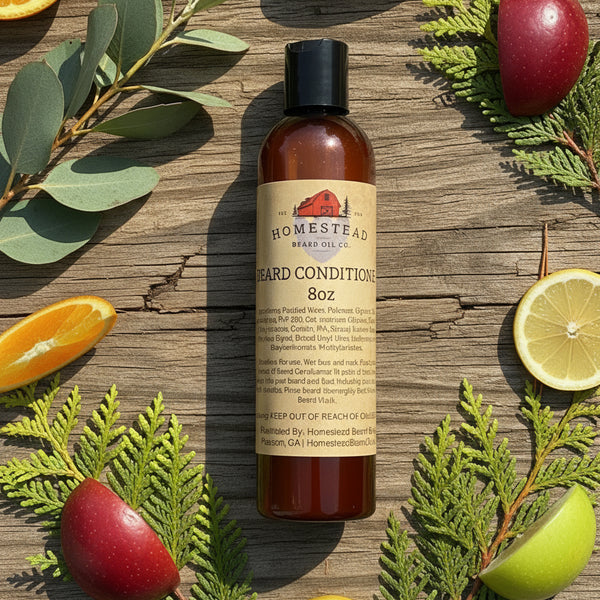 Bottle of beard conditioner on a textured surface