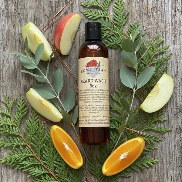 Bottle of Homestead Beard Oil Co. beard wash on a rugged surface