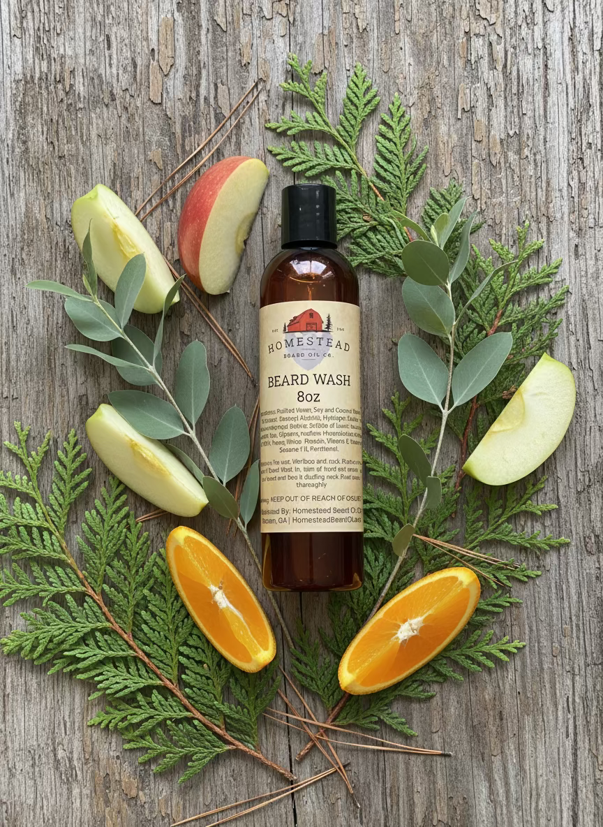  Bottle of Homestead Beard Oil Co. beard wash on a rugged surface