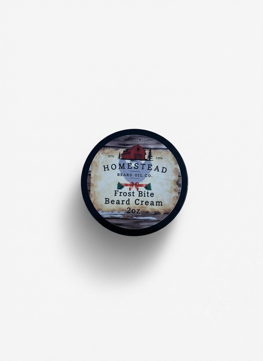 Homestead beard cream jar surrounded by peppermint candies, on snow